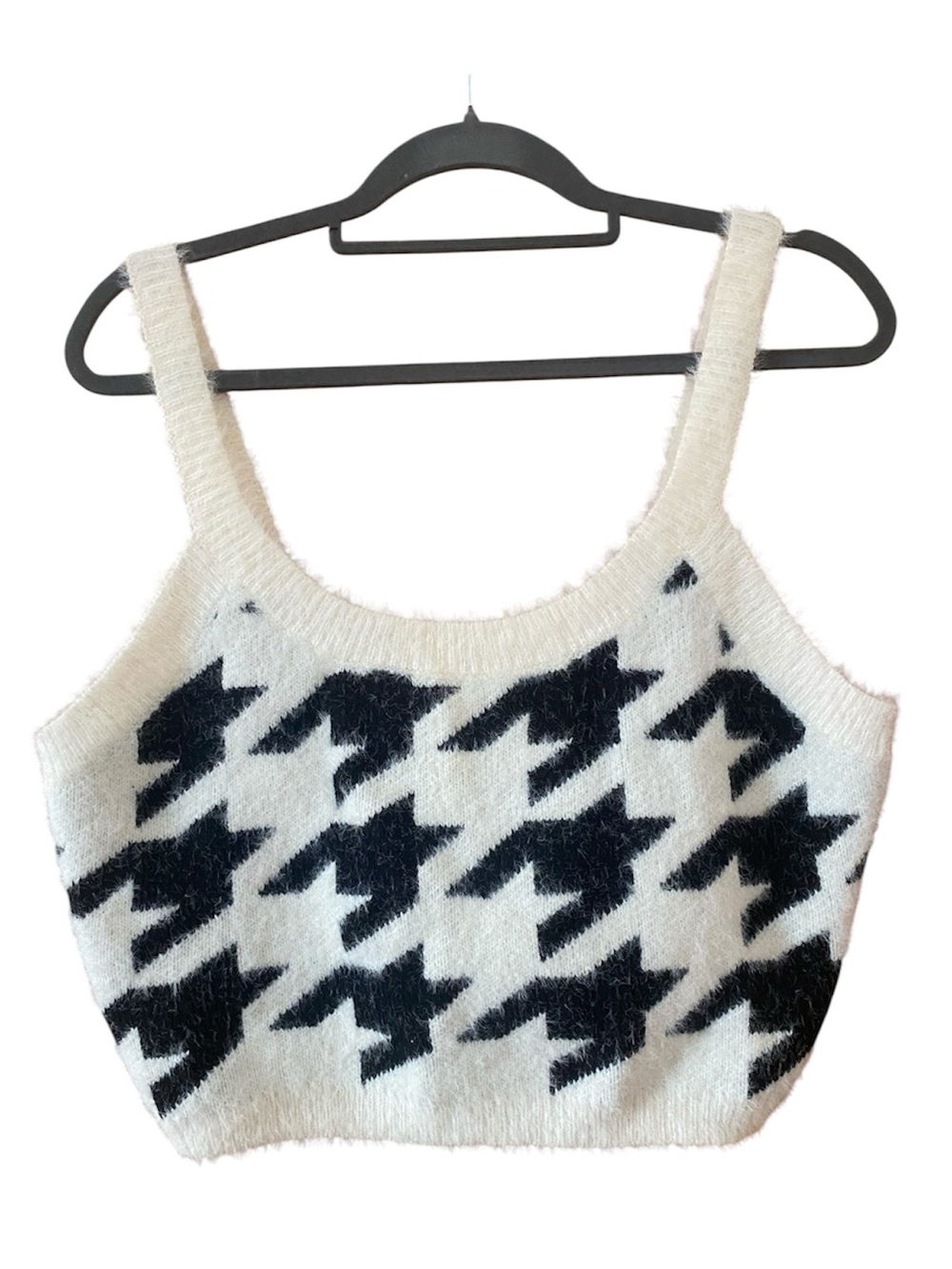 Fashion Nova Black White Houndstooth Fuzzy Crop Sweater Tank 1X